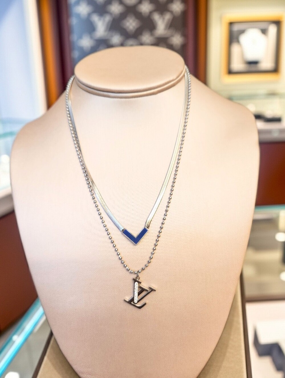 Louis Vuitton Double Chain Necklace Set in Silver with Blue Accent 16-18"